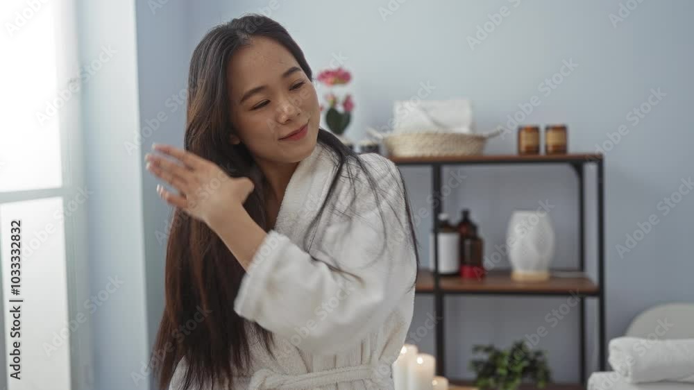 Woman in a white robe at a spa salon beauty center combing her long hair with a calm and relaxed expression Woman in a white robe at a spa salon beauty center combing her long hair with a calm and relaxed expression