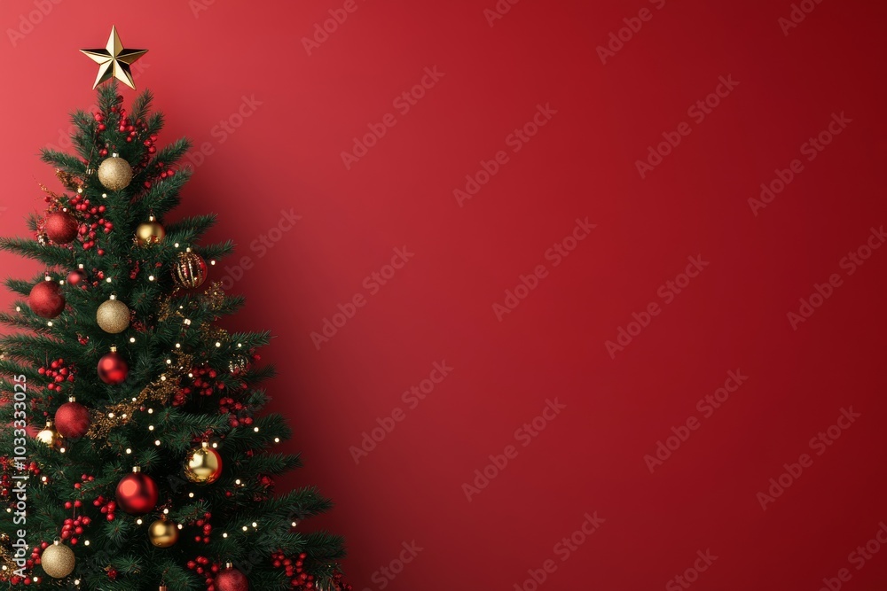 Christmas tree with decorations and sparkling fairy lights, with solid red background Christmas tree with decorations and sparkling fairy lights, with solid red background
