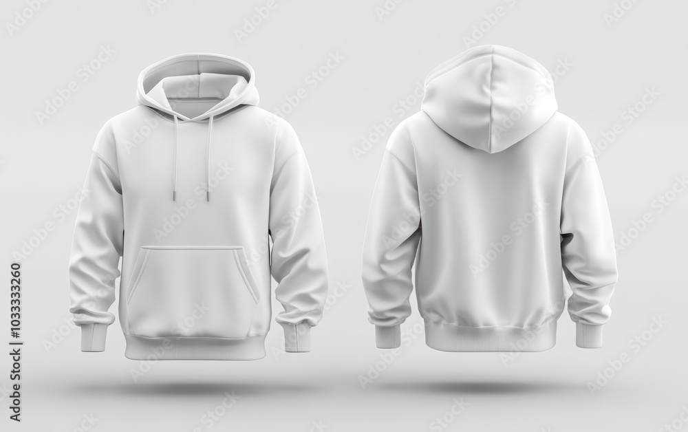 Blank white hoodie mockup, front and back view, 3d rendering white background Blank white hoodie mockup, front and back view, 3d rendering white background
