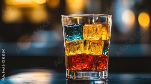 Colorful Ice Cubes in a Clear Glass