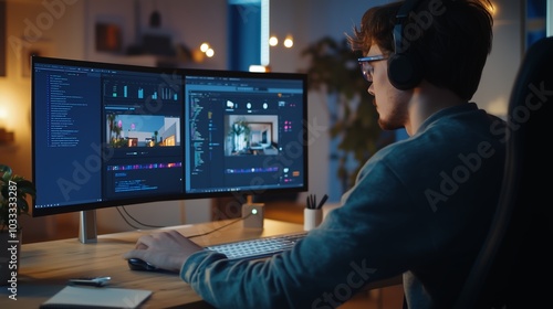 A young man works late into the evening on a dual-monitor setup for video editing in a cozy home office environment