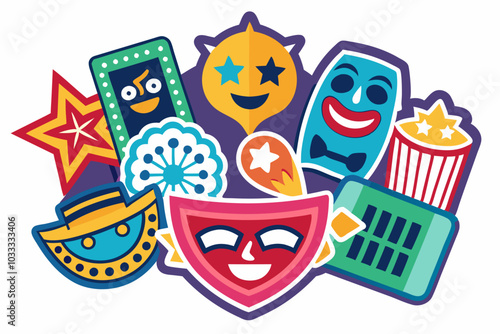 Colorful theatrical sticker collection featuring masks, stars, and popcorn for creative design