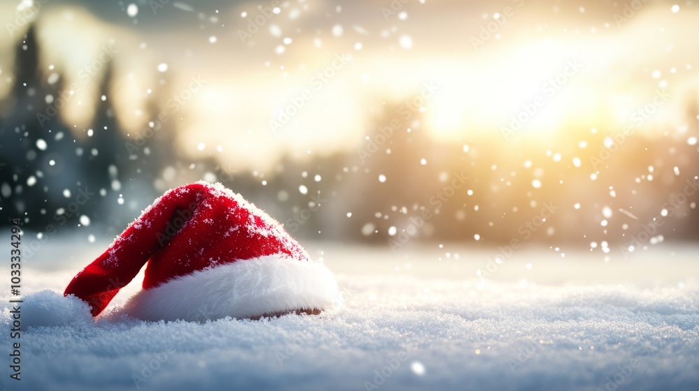 Portrait Santa hat above the snow on the winter background Portrait Santa hat above the snow on the winter background