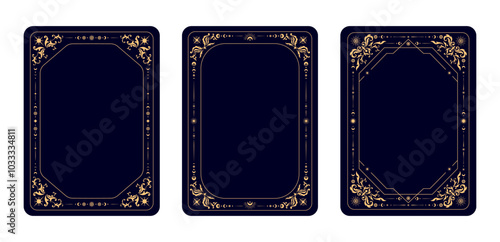 Magic esoteric Tarot cards frames for decks covers design with celestial symbols, vector backgrounds. Tarot cards frames or reverse decks with esoteric magic sun and stars and golden floral ornament