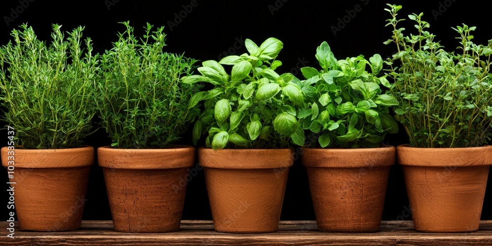 Fresh Herbs in Terracotta Pots on Rustic Wooden Table Culinary Garden Fresh Herbs in Terracotta Pots on Rustic Wooden Table Culinary Garden
