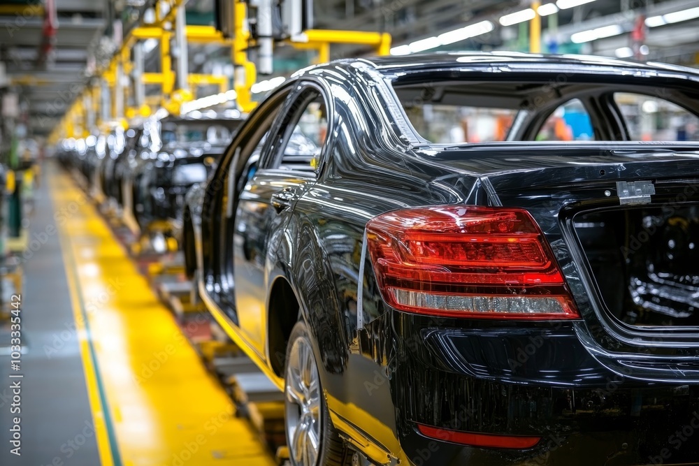 Mass production assembly line of modern cars in a factory. Mass production assembly line of modern cars in a factory.