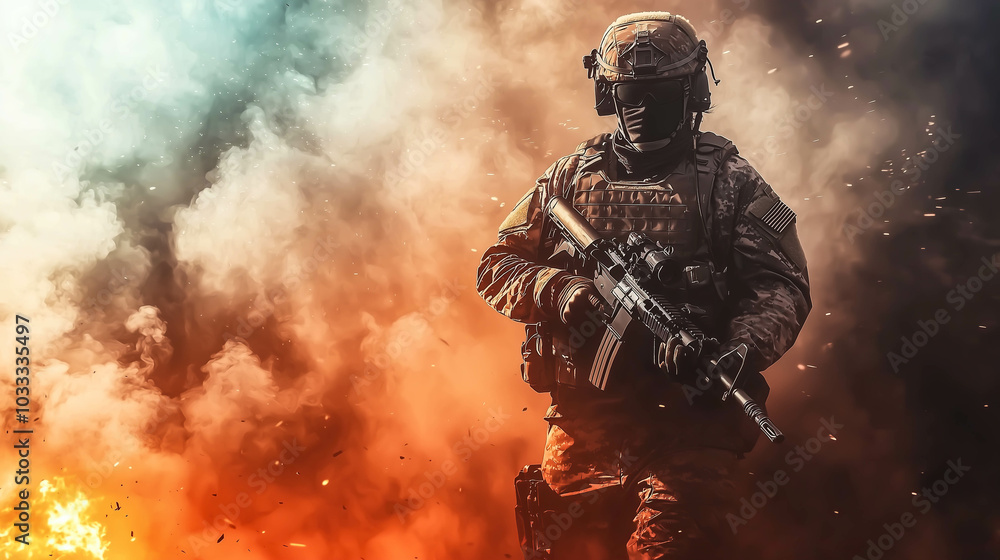 A soldier fires a gun. The concept of combat, defense, and military action. Generative AI. A soldier fires a gun. The concept of combat, defense, and military action. Generative AI.