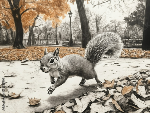 Autumn Adventure: A Scampering Squirrel in a Park with Charcoal Sketch photo