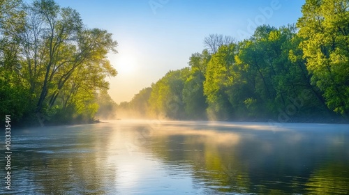 Wallpaper Mural Serene River Scene at Dawn with Mist and Sunlight Torontodigital.ca