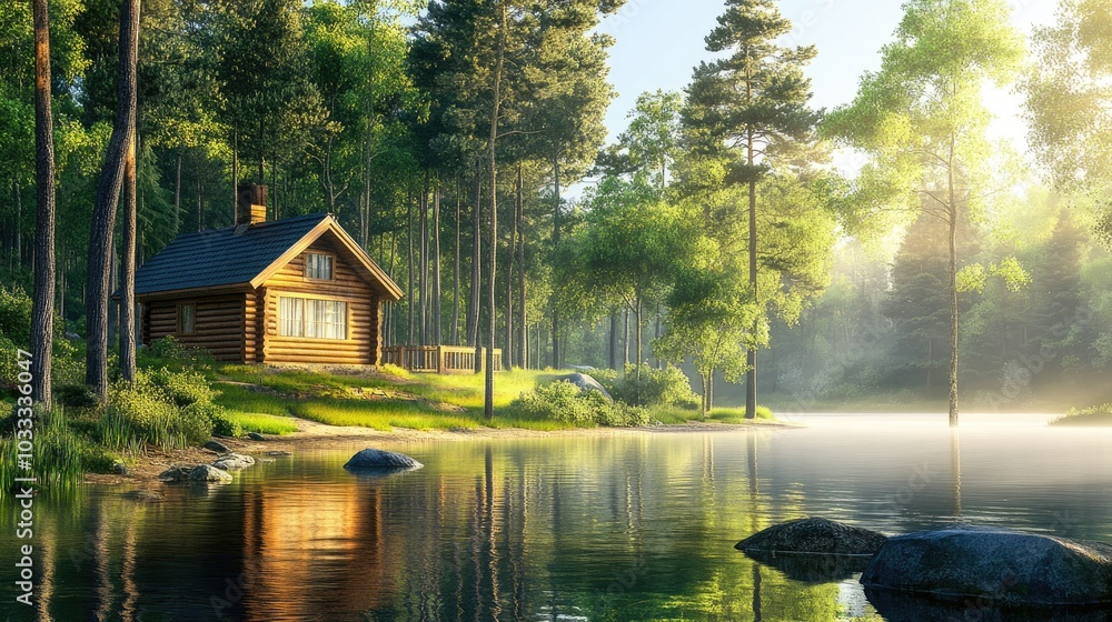 Obraz premium Tranquil Cabin by Serene Lake in Lush Forest Setting
