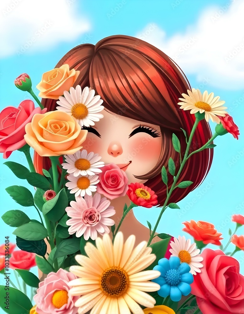 Female, girl 3D and illustration potrait with flowers design images for wallpaper and social media Female, girl 3D and illustration potrait with flowers design images for wallpaper and social media