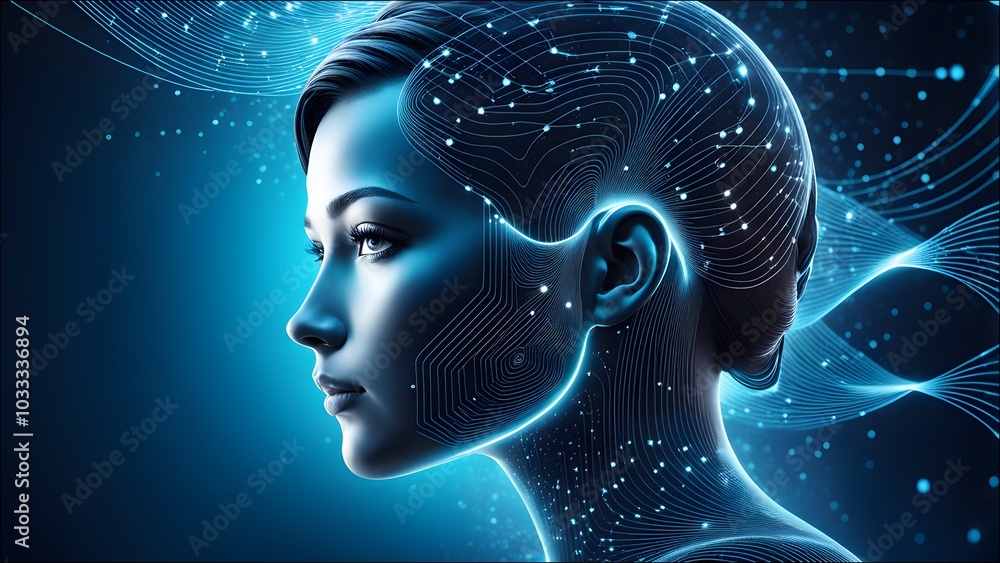 Visually represent the flow of data or light in the form of a human, Add digital patterns or flows around the human head to make it look like the AI is understanding human thoughts. Visually represent the flow of data or light in the form of a human, Add digital patterns or flows around the human head to make it look like the AI is understanding human thoughts.