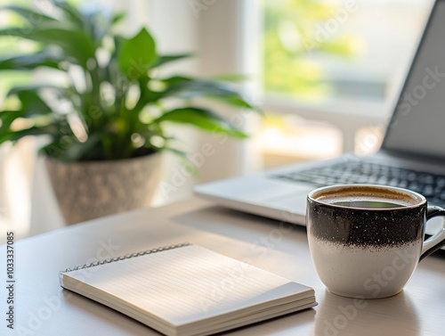Coffee cup, notebook on desk, blurred green plant background, cozy workspace, productive office, sunlight through window