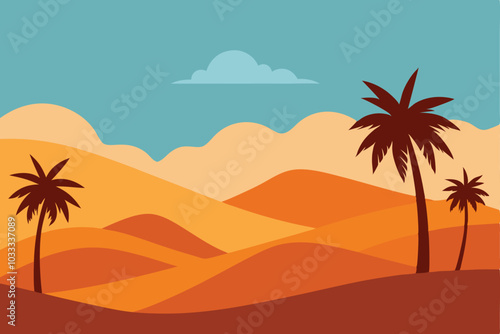 Desert Panorama Background with Palm Trees vector