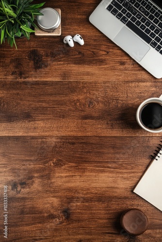 Minimalist Workspace with Laptop, Coffee, and Notebook