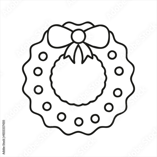 Minimalist outline of a christmas wreath adorned with a decorative bow, perfect for festive design elements and holiday-themed projects.