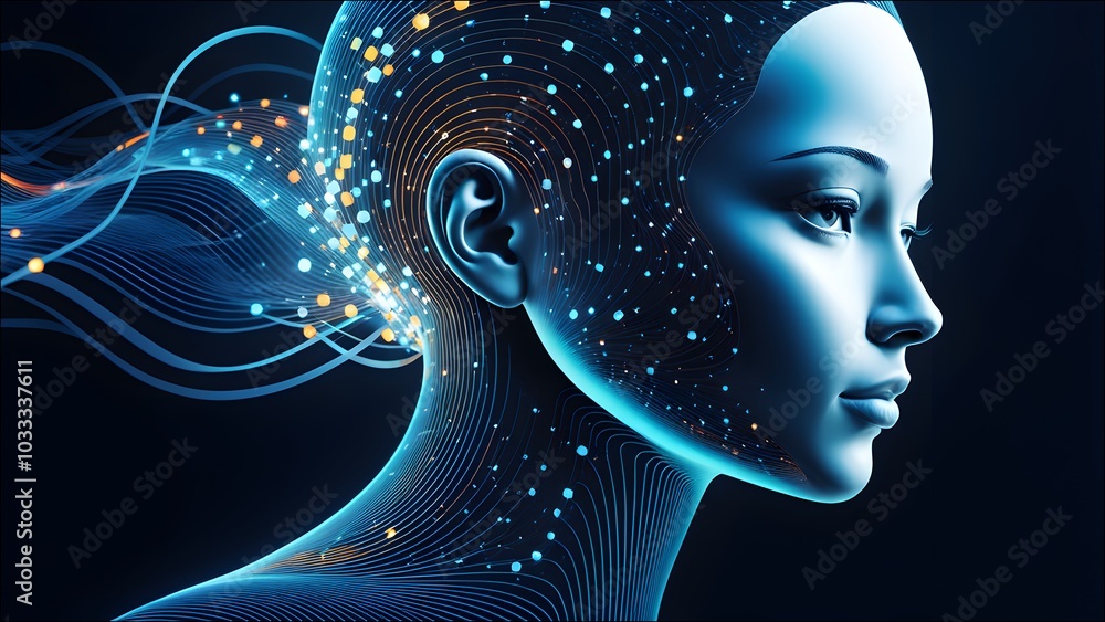 Visually represent the flow of data or light in the form of a human, Add digital patterns or flows around the human head to make it look like the AI is understanding human thoughts. Visually represent the flow of data or light in the form of a human, Add digital patterns or flows around the human head to make it look like the AI is understanding human thoughts.