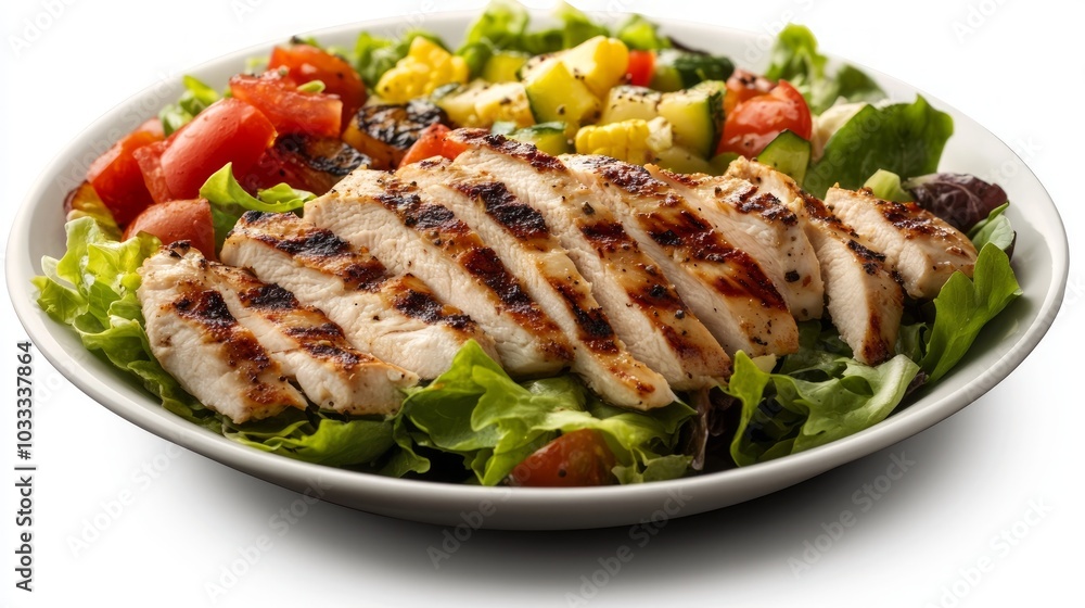 A grilled chicken salad with mixed greens, tomatoes, squash, and corn. A grilled chicken salad with mixed greens, tomatoes, squash, and corn.