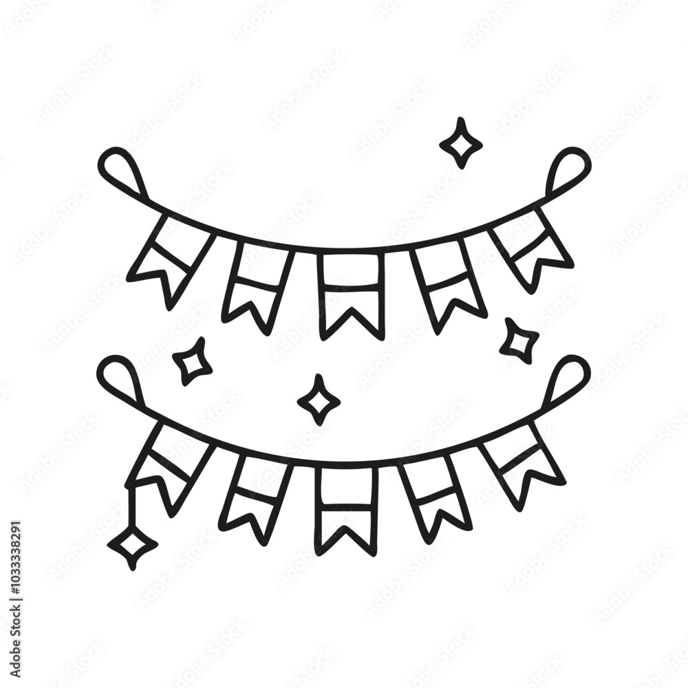 Minimalist line art of festive bunting with sparkling accents, perfect for party themes, invitations, and decorations. Minimalist line art of festive bunting with sparkling accents, perfect for party themes, invitations, and decorations.