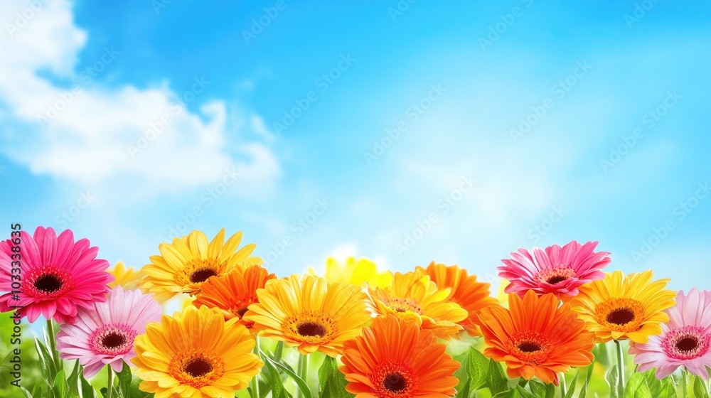 Bright and Colorful Flower Field Against a Blue Sky Bright and Colorful Flower Field Against a Blue Sky