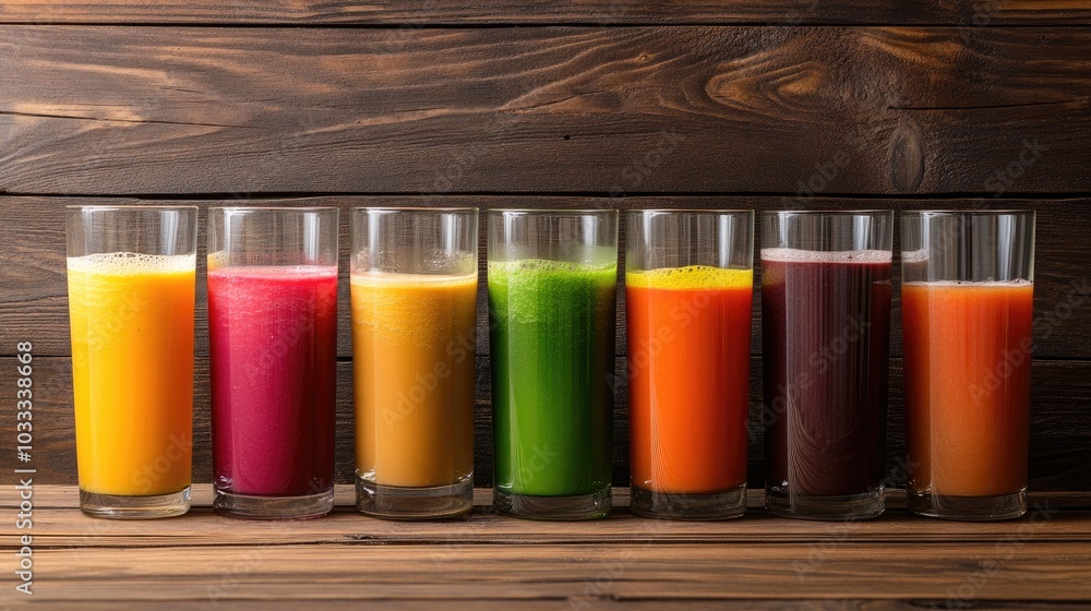 Colorful Juices in Glasses on Wooden Surface Colorful Juices in Glasses on Wooden Surface