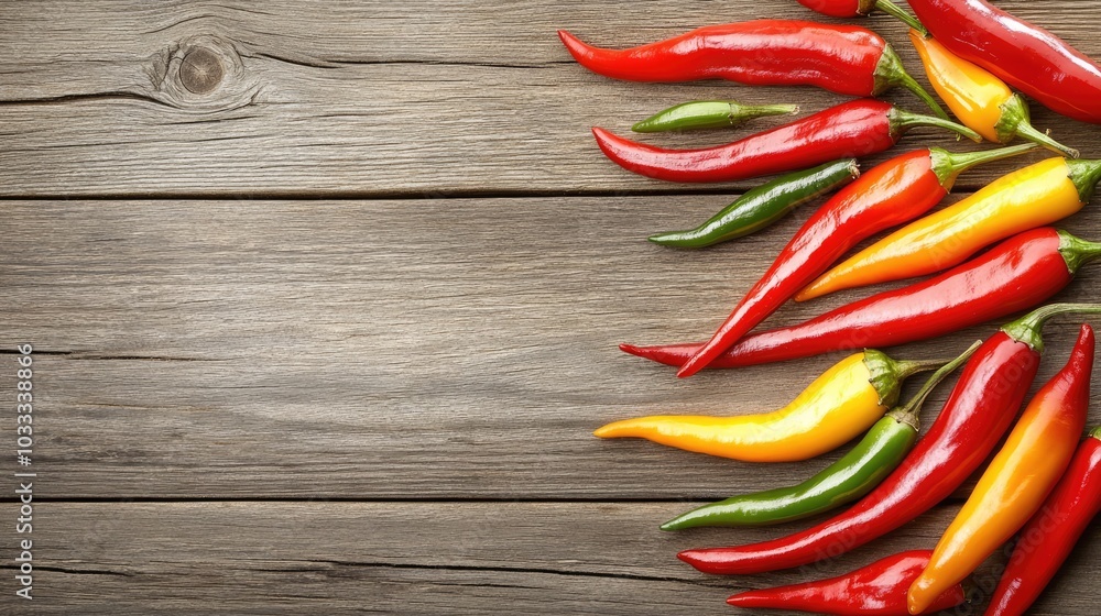 Colorful array of fresh chili peppers on wood