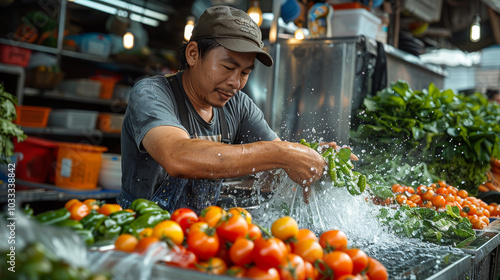 Washing Produce in a Market