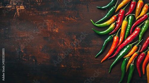 Colorful Chili Peppers on Wooden Background photo