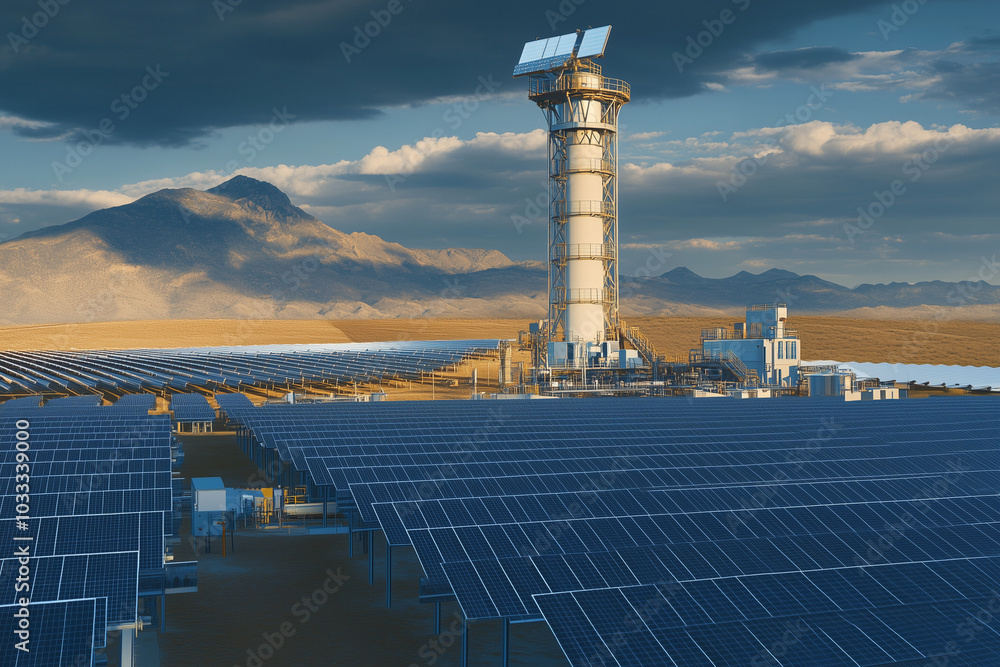 Obraz premium A hybrid solar farm that combines both photovoltaic panels and thermal towers