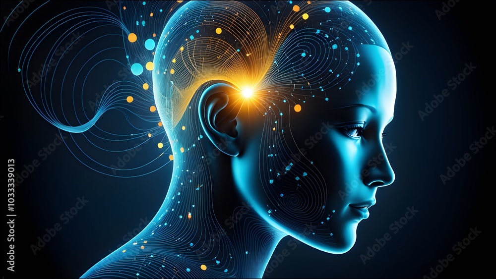 Visually represent the flow of data or light in the form of a human, Add digital patterns or flows around the human head to make it look like the AI is understanding human thoughts. Visually represent the flow of data or light in the form of a human, Add digital patterns or flows around the human head to make it look like the AI is understanding human thoughts.