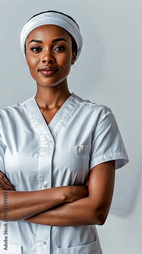 A confident healthcare professional in a white uniform with arms crossed. A confident healthcare professional in a white uniform with arms crossed.