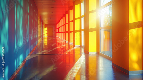 Sunlit Corridor with Colorful Glass Panels