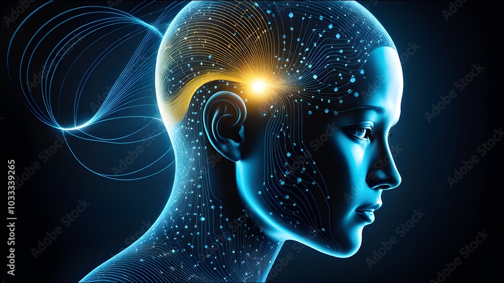 Visually represent the flow of data or light in the form of a human, Add digital patterns or flows around the human head to make it look like the AI is understanding human thoughts. Visually represent the flow of data or light in the form of a human, Add digital patterns or flows around the human head to make it look like the AI is understanding human thoughts.