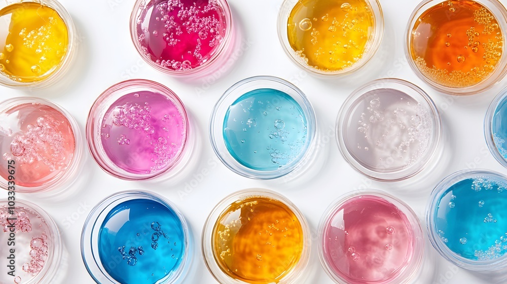 Colorful Liquids in Glass Petri Dishes on White Background Colorful Liquids in Glass Petri Dishes on White Background