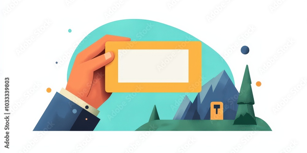 Hand Holding Blank Yellow Card with Mountain Landscape Illustration