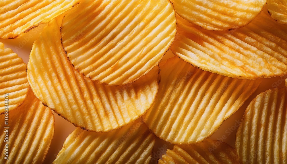 Close-Up of Crispy Ridged Potato Chips in Golden Lighting, Highlighting Texture and Crispiness. Ideal for Snack Packaging, Food Marketing, or Commercial Advertising of Crunchy Snacks Close-Up of Crispy Ridged Potato Chips in Golden Lighting, Highlighting Texture and Crispiness. Ideal for Snack Packaging, Food Marketing, or Commercial Advertising of Crunchy Snacks