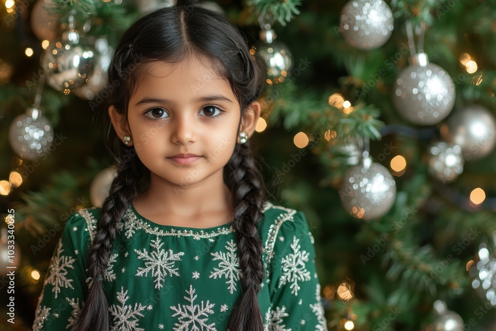 Portrait of an Indian girl with braided hair, dressed in a green Christmas dress with snowflake patterns, standing by a Christmas tree with silver ornaments, soft lighting, copy space, holiday magic Portrait of an Indian girl with braided hair, dressed in a green Christmas dress with snowflake patterns, standing by a Christmas tree with silver ornaments, soft lighting, copy space, holiday magic