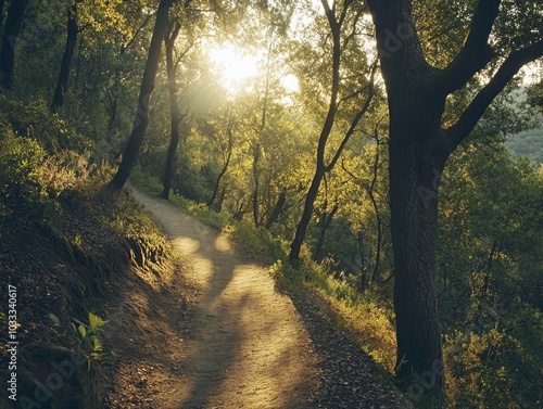 Sunlit Forest Path Nature Walk Trees Greenery Forest Sunlight, Woodland Trail Scenic Outdoors Natural Beauty Captivating Scenery photo