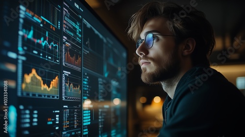 Focused Professional Man Analyzing Data on Large Digital Screen in Modern Office