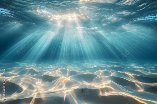 Ethereal Underwater Light Rays Illuminating Sandy Ocean Floor photo