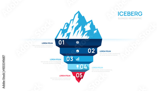 Iceberg infographic business template. Modern 5 steps to success. Presentation slide template, digital marketing data, presentation vector infographics.