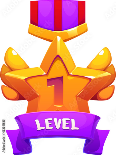 Game rank level up badge icon or victory shield of golden star medal, vector banner. Level 1 achievement or mission complete badge with ribbon, wings and gold star medal for arcade video game award