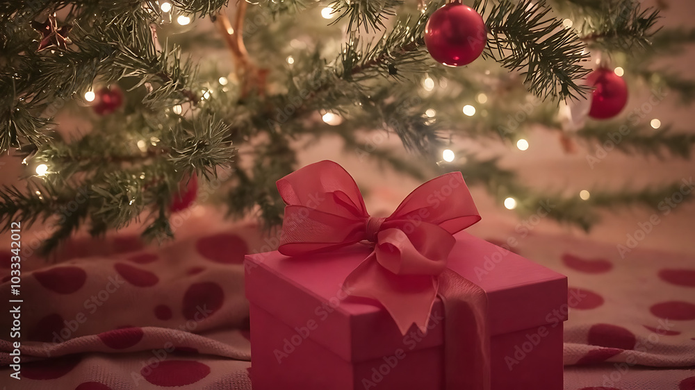 beautifully wrapped gift box under festive Christmas tree beautifully wrapped gift box under festive Christmas tree