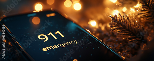 Closeup of smartphone dialing emergency number 911 with Christmas tree and lights in background. Concept of calling for help on Christmas. Shallow depth of field..