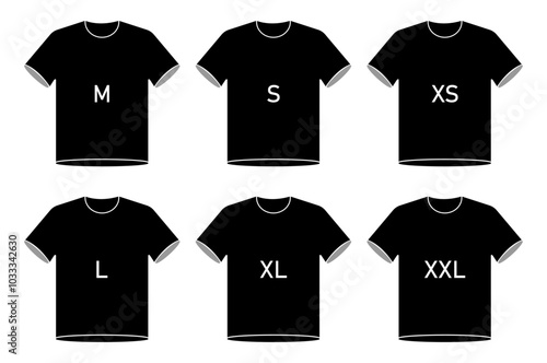 Black T-shirt icons with size labels: XS, S, M, L, XL, XXL. Perfect for clothing store graphics, size charts, fashion apps, e-commerce, and apparel branding or UI design elements.