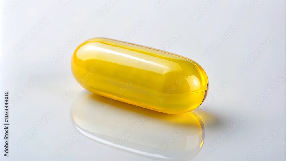 A single yellow capsule rests on a pristine white surface, casting a soft reflection, symbolizing health and wellness. A single yellow capsule rests on a pristine white surface, casting a soft reflection, symbolizing health and wellness.