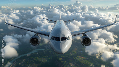 Realistic Shot of an Airplane Flying Above the Clouds. Captivating Aerial View Showcasing the Serenity of the Sky, Emphasizing Freedom, Adventure, and the Thrill of Travel. 