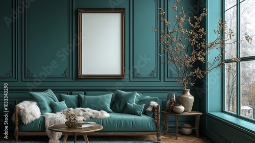 A cozy living room featuring a teal sofa, decorative plants, and elegant furnishings.