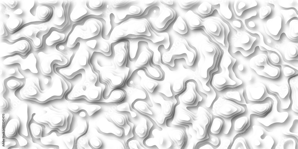 Gray Stylized Bokeh Effect Topographic Contour Scheme and Terrain on old paper. Geographic mountain terrain. Contour map background. Cartographic Weave with seamless striped patterns and wavy edges
