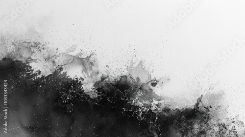 Abstract black ink swirls on a white background. Digital art for design of black ink chinese brushstroke floating in transparent liquid. Close up black ink splashing and spreading at surface. AIG53.